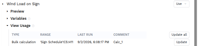 The View Usage panel in the CalcTree task pane, listing a bulk calculation, the sheet range it wrote into, when it last ran, and buttons to re-run it