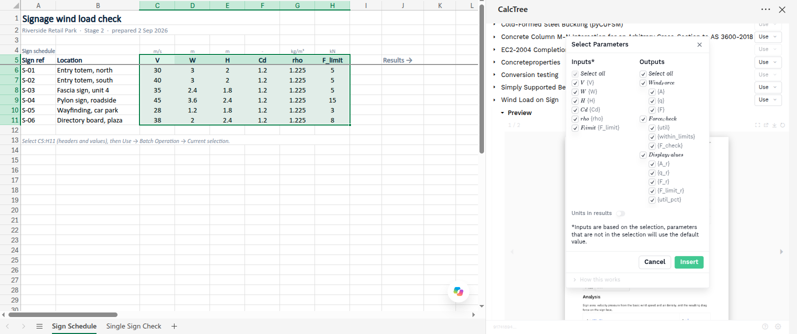 The CalcTree task pane in Excel with the Select Parameters dialog open, showing input and output checkboxes grouped by node and a toggle for units in results