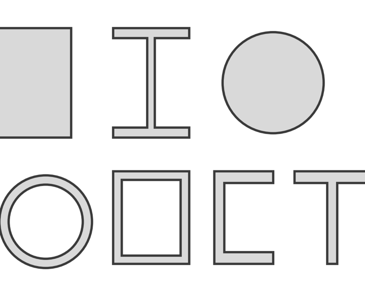 Common structural cross-sections drawn to the same scale: rectangle, I section, circle, circular hollow section, rectangular hollow section, channel and T section
