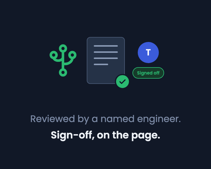 A calculation page with a green tick beside a reviewer marked Signed off, captioned Sign-off, on the page