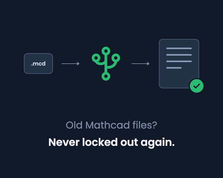 Diagram of an old .mcd file leading through the CalcTree logo to a ticked document, captioned Never locked out again