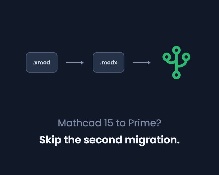 Diagram of a .xmcd file, then a .mcdx file, leading to the CalcTree logo, captioned Skip the second migration
