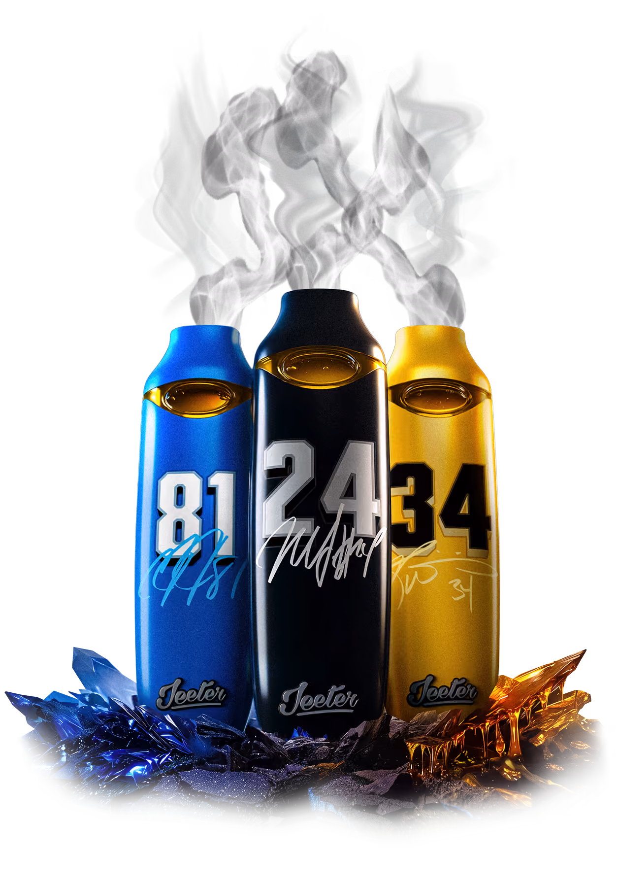 Three Jeeter vape devices in blue, black, and gold with numbers 81, 24, 34, and rising smoke.