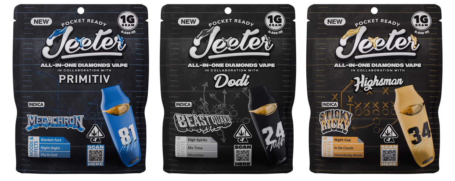 Three Jeeter all-in-one diamonds vape packages in blue, black, and gold with strain names and effects.