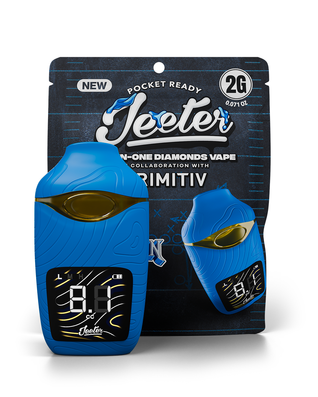 Blue Jeeter all-in-one diamonds vape device and packaging with digital screen showing 8.1 cc.