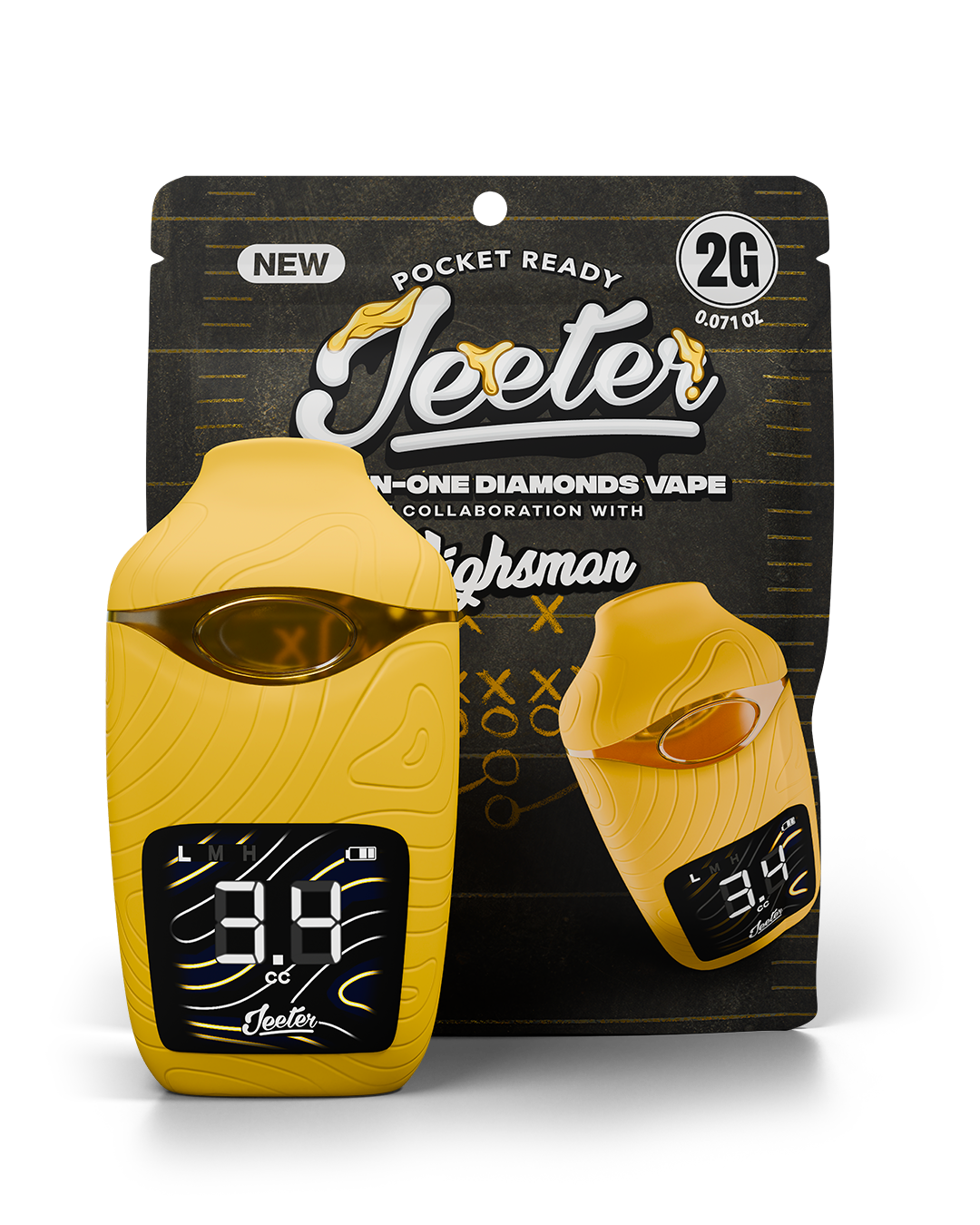 Yellow Jeeter Diamonds Vape device showing 3.4°C and 34°C with black packaging behind.