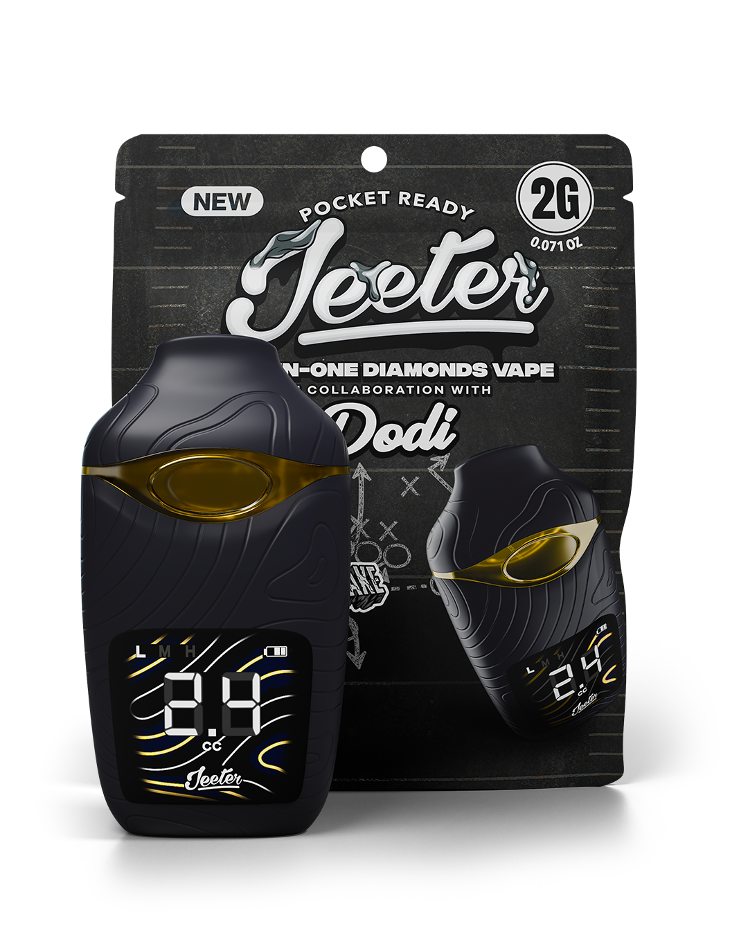 Two black Jeeter pocket vape devices with digital screens in front of branded packaging.
