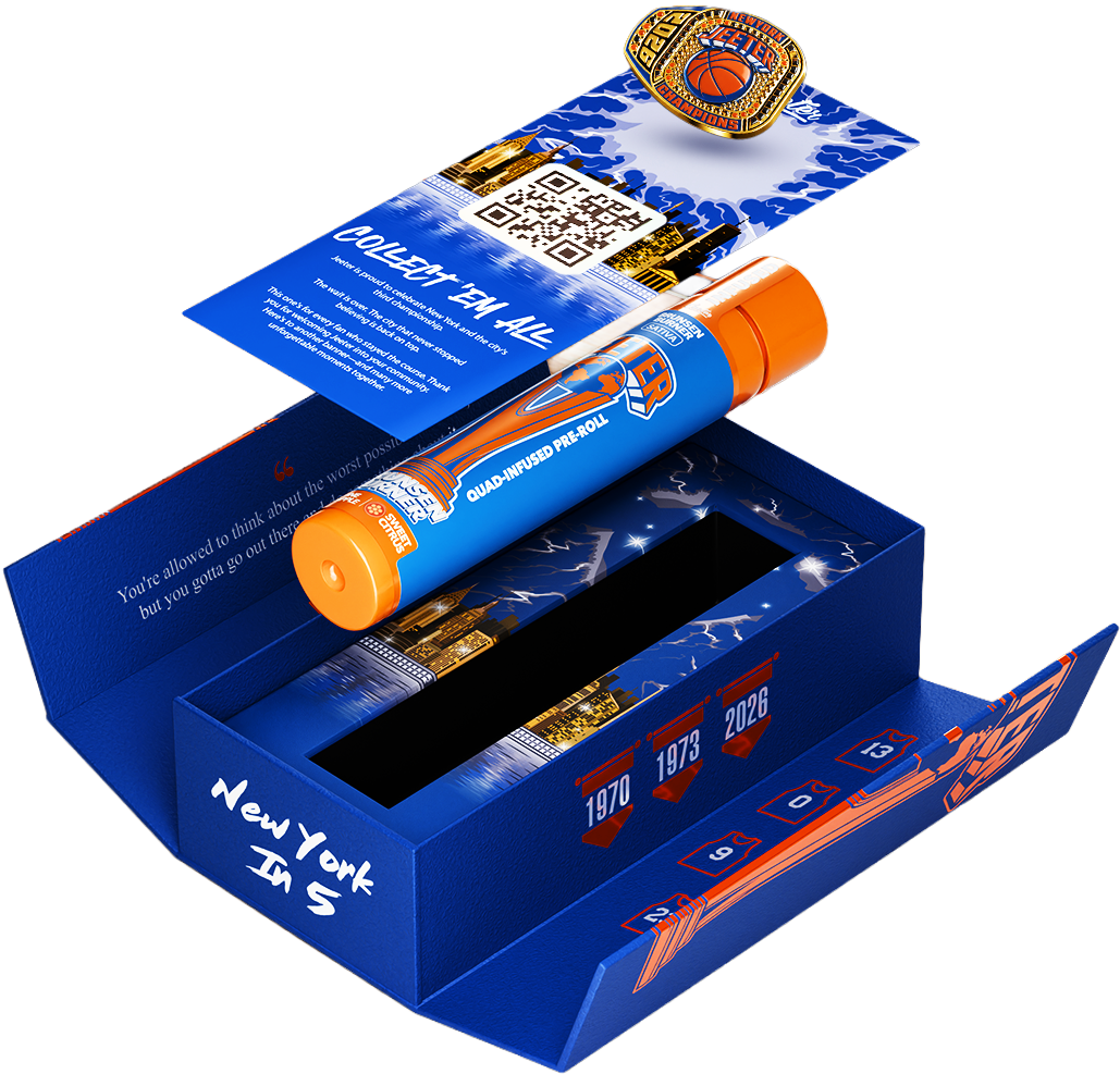 Jeeter New York in 5 box opened, showing the enamel pin, QR card, pre-roll and faux leather case