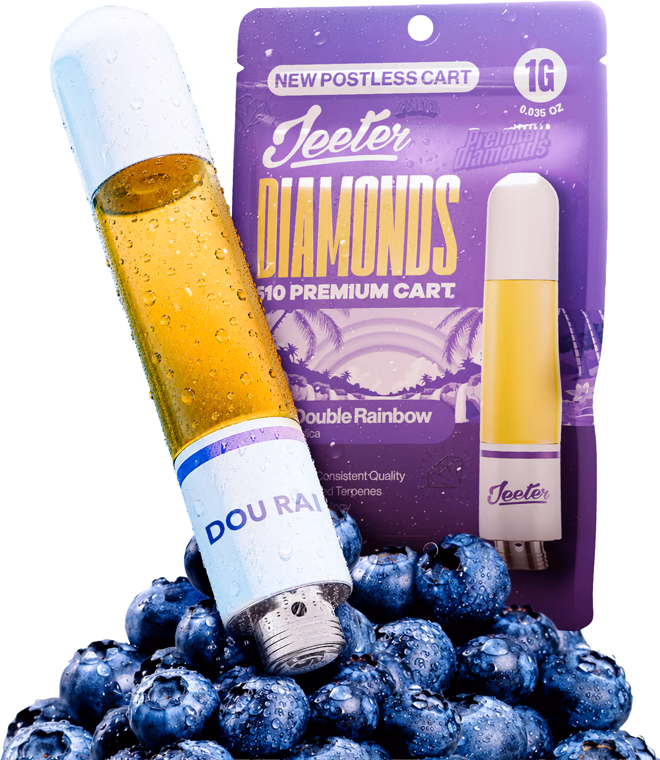 Jeeter Diamonds postless 510 cart in Double Rainbow with its purple 1g pouch on a pile of blueberries