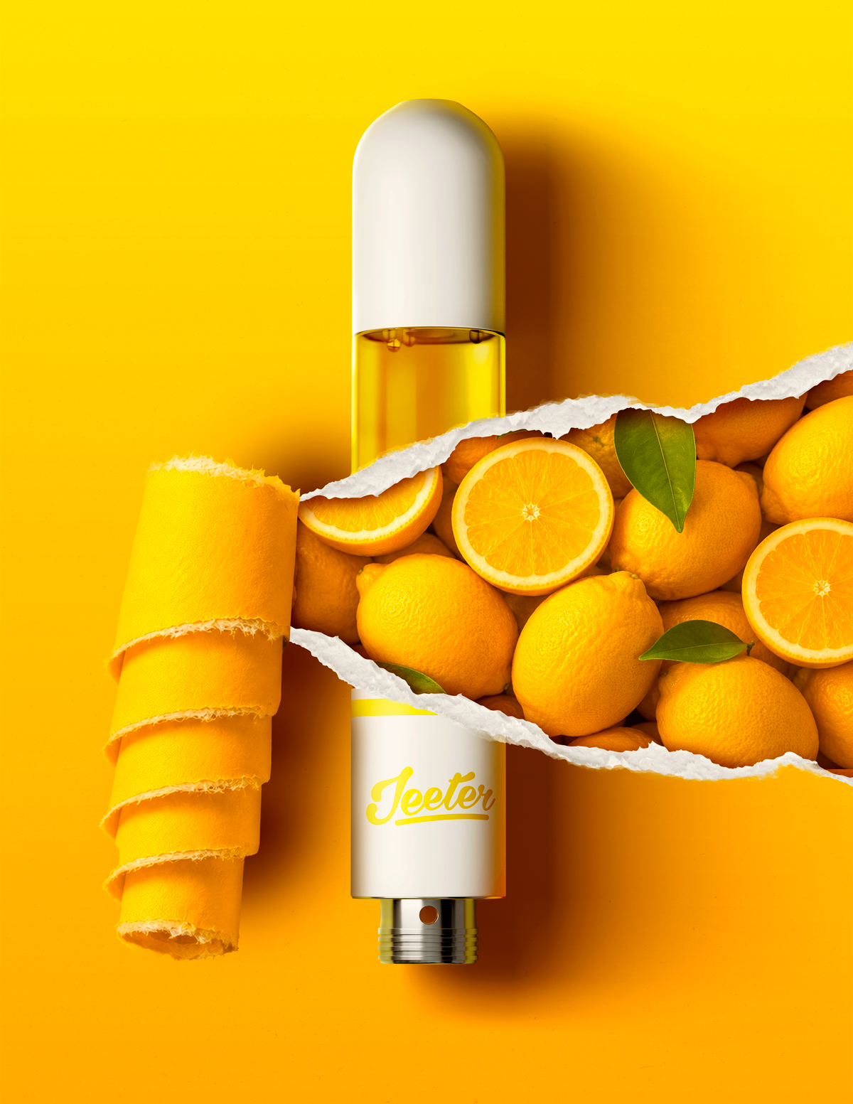 A white and yellow vape pen labeled 'Jeeter' is shown on a bright yellow background with a torn paper effect revealing fresh lemons underneath, suggesting a lemon flavor.