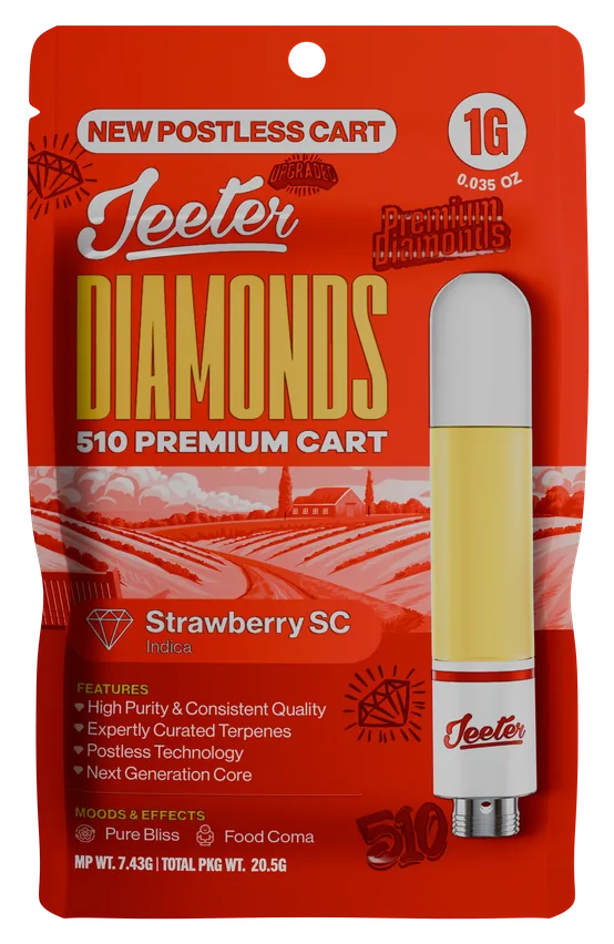 Jeeter Diamonds 510 Premium Cart Strawberry SC Indica 1g postless cart package