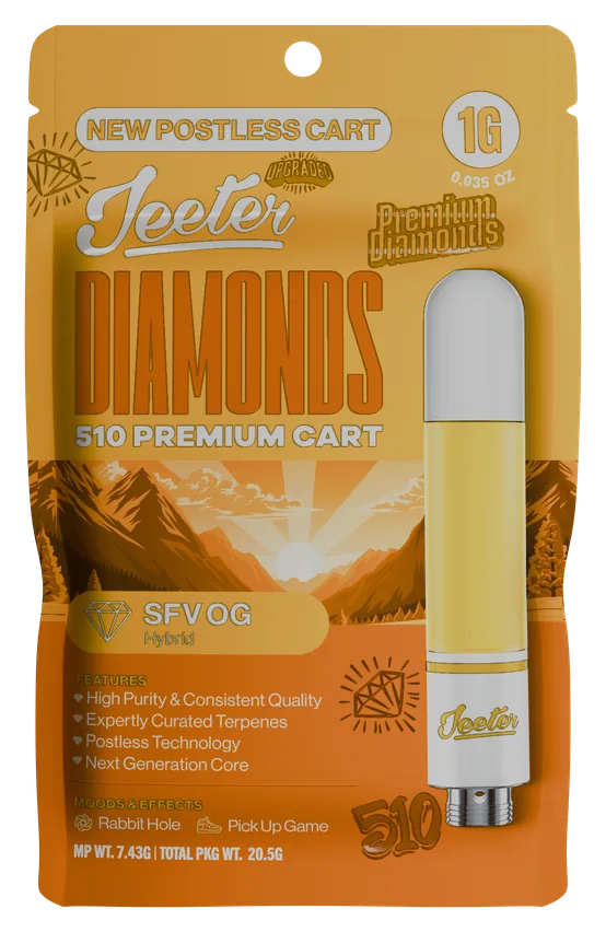 Jeeter Diamonds 510 Premium Cart SFV OG Hybrid 1g postless cart package