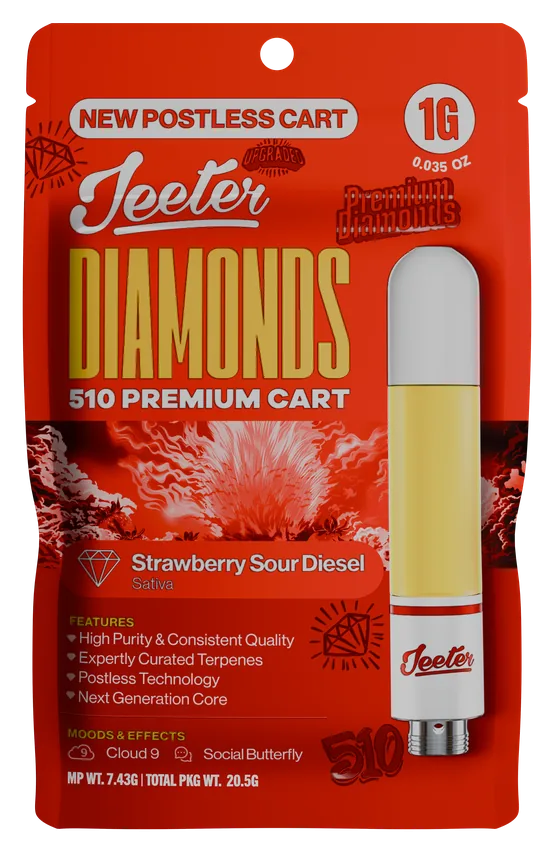 Jeeter Diamonds 510 Premium Cart Strawberry Sour Diesel Sativa 1g postless cart package