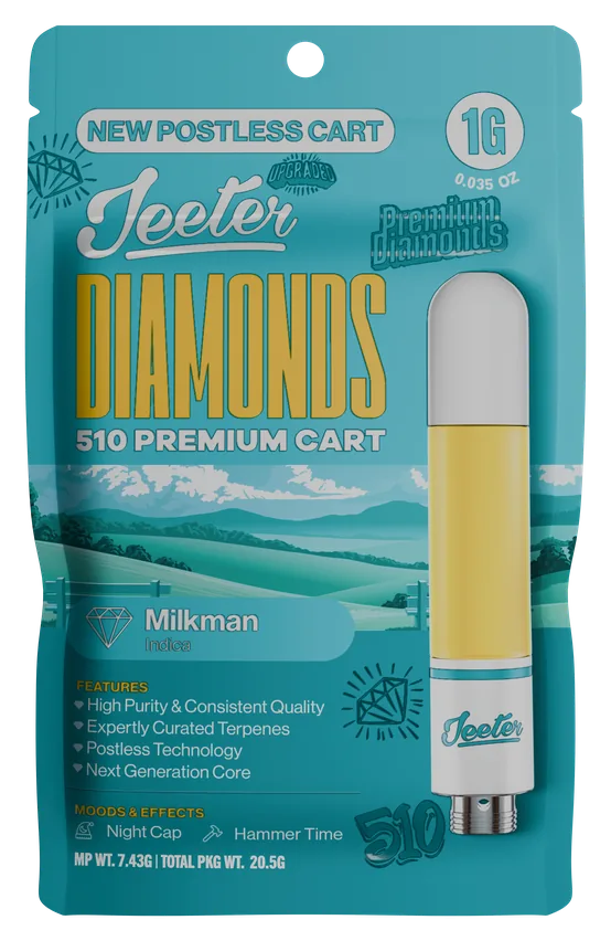 Jeeter Diamonds 510 Premium Cart Milkman Indica 1g postless cart package