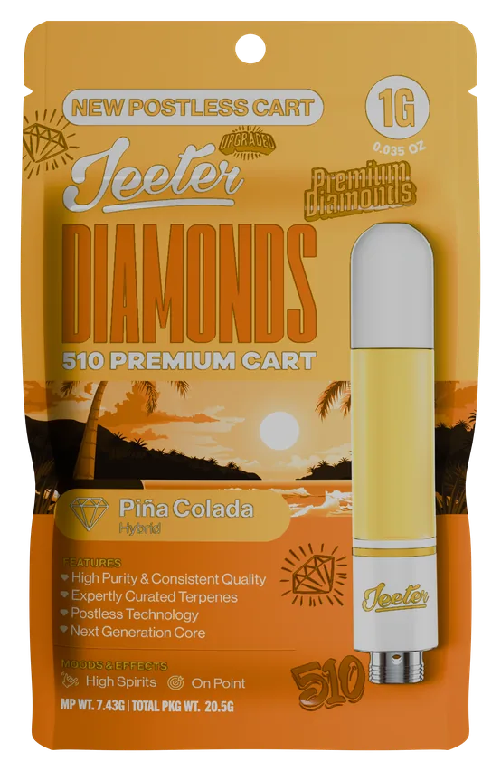 Jeeter Diamonds 510 Premium Cart Piña Colada Hybrid 1g postless cart package