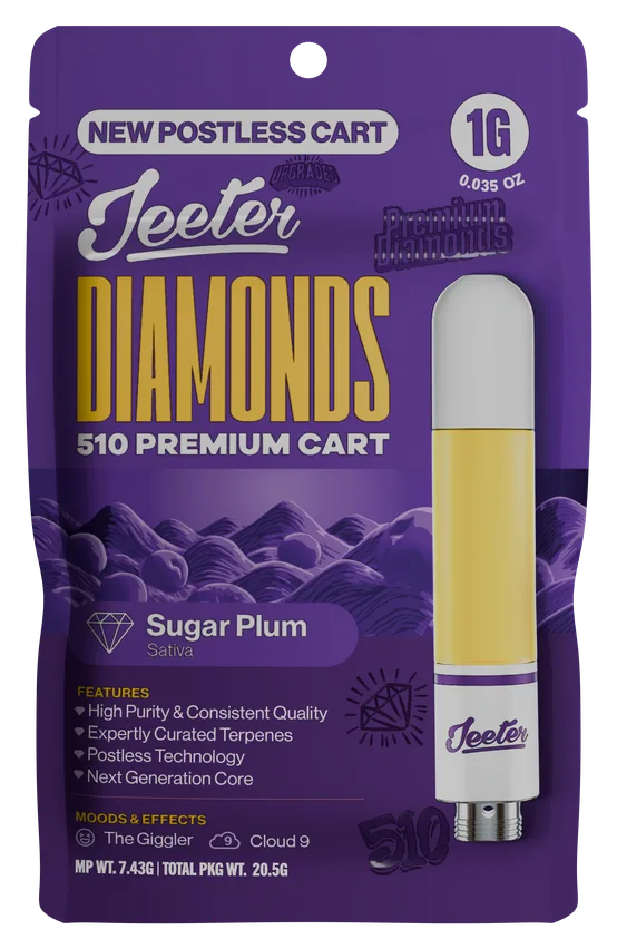 Jeeter Diamonds 510 Premium Cart Sugar Plum Sativa 1g postless cart package
