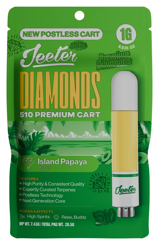 Jeeter Diamonds 510 Premium Cart Island Papaya Hybrid 1g postless cart package
