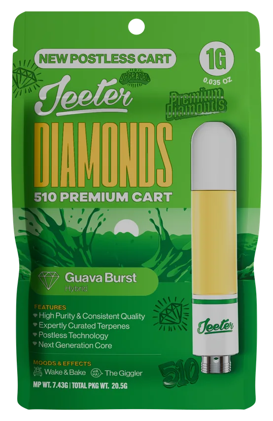 Jeeter Diamonds 510 Premium Cart Guava Burst Hybrid 1g postless cart package