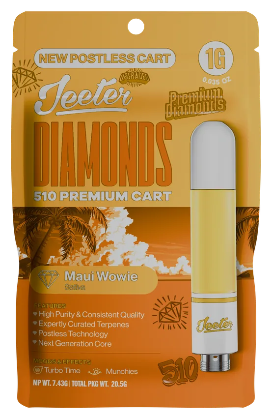 Jeeter Diamonds 510 Premium Cart Maui Wowie Sativa 1g postless cart package
