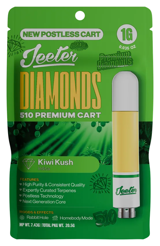 Jeeter Diamonds 510 Premium Cart Kiwi Kush Indica 1g postless cart package