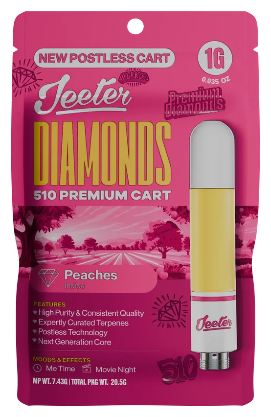 Jeeter Diamonds 510 Premium Cart Peaches Indica 1g postless cart package