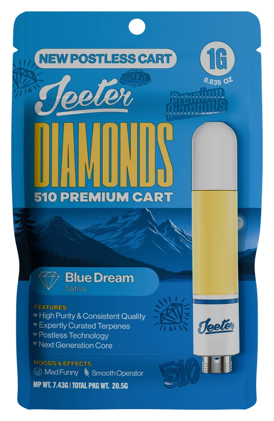 Jeeter Diamonds 510 Premium Cart Blue Dream Sativa 1g postless cart package