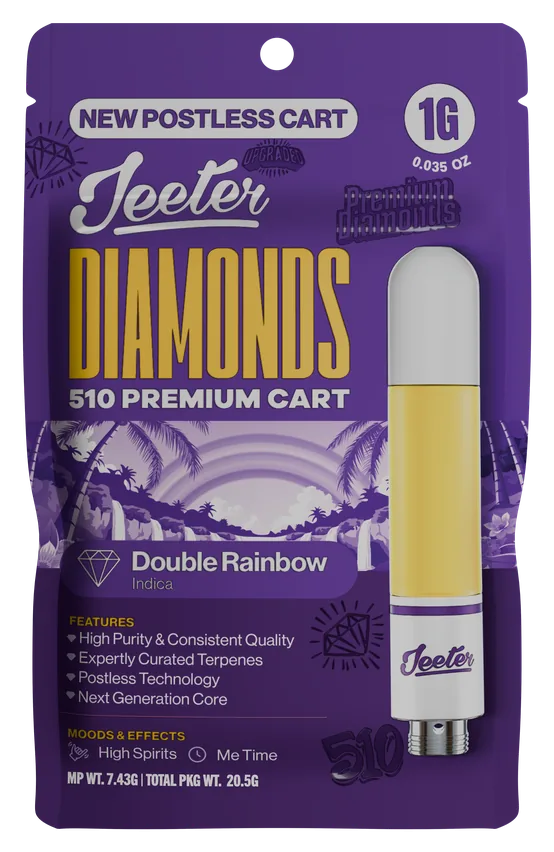 Jeeter Diamonds 510 Premium Cart Double Rainbow Indica 1g postless cart package