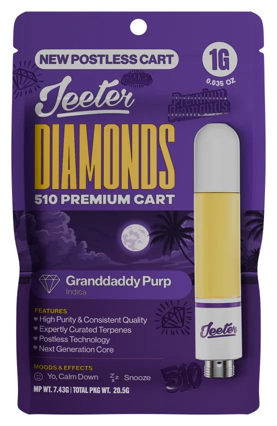 Jeeter Diamonds 510 Premium Cart Granddaddy Purp Indica 1g postless cart package