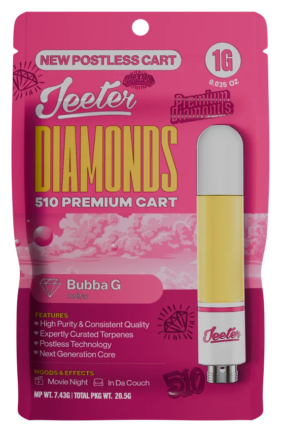 Jeeter Diamonds 510 Premium Cart Bubba G Indica 1g postless cart package