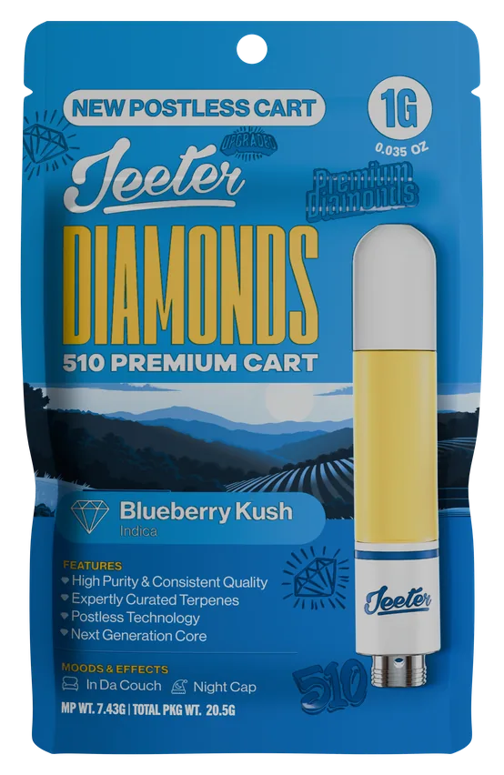 Jeeter Diamonds 510 Premium Cart Blueberry Kush Indica 1g postless cart package