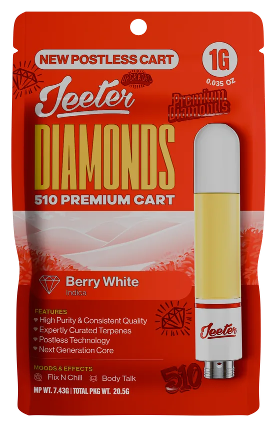 Jeeter Diamonds 510 Premium Cart Berry White Indica 1g postless cart package