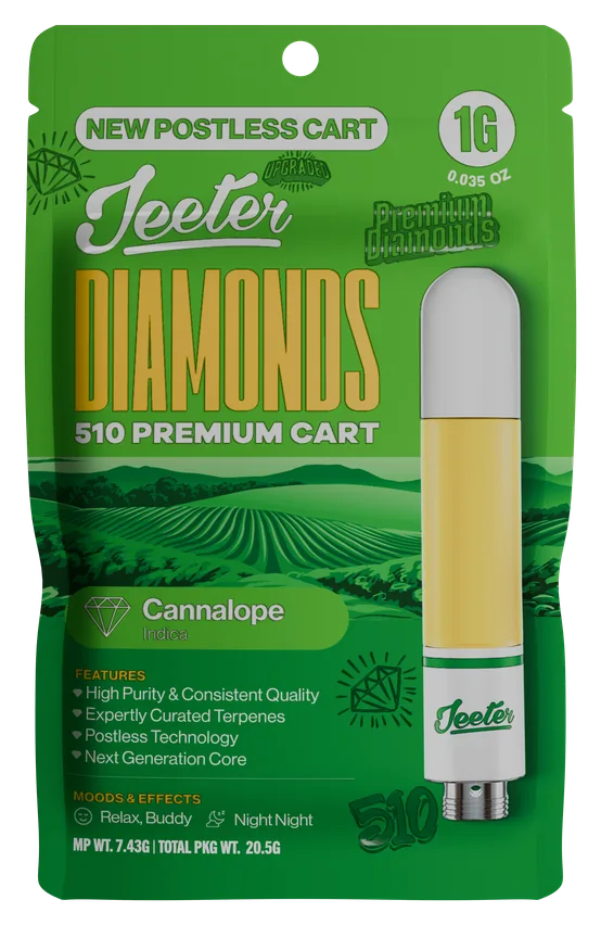 Jeeter Diamonds 510 Premium Cart Cannalope Indica 1g postless cart package