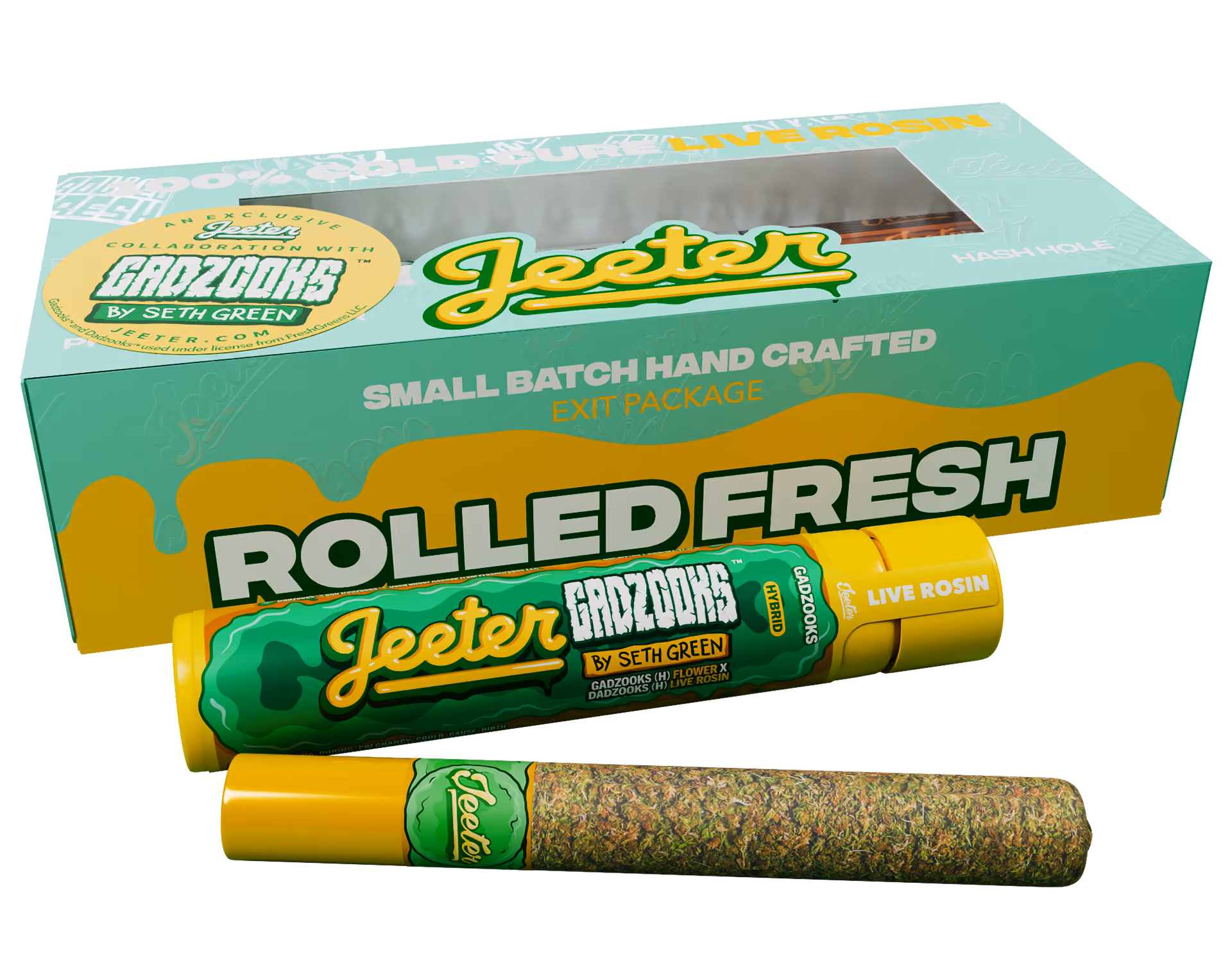 Jeeter Rolled Fresh Gadzooks box with pre-roll tube and pre-roll