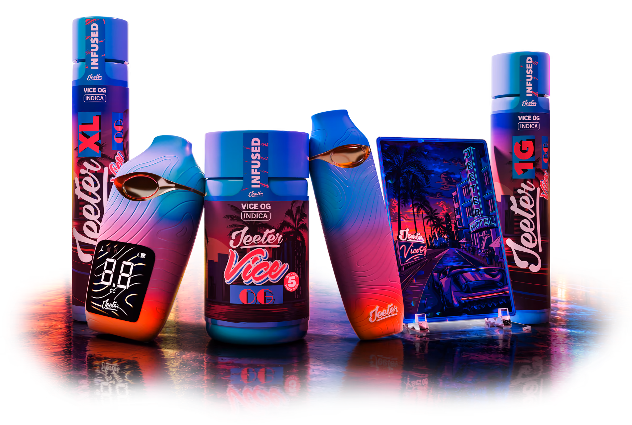 The Jeeter Vice OG lineup: XL infused pre-roll, 2G vape, Baby Jeeter Infused 5-pack, 1G vape, collectible card and 1G infused pre-roll