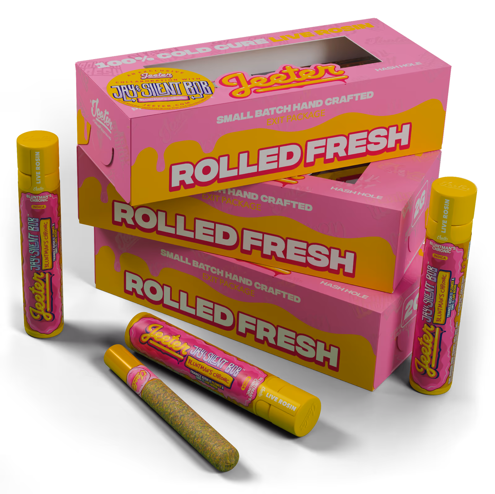 Stack of Jeeter Rolled Fresh Bluntman's Chronic boxes with pre-roll tubes and a pre-roll