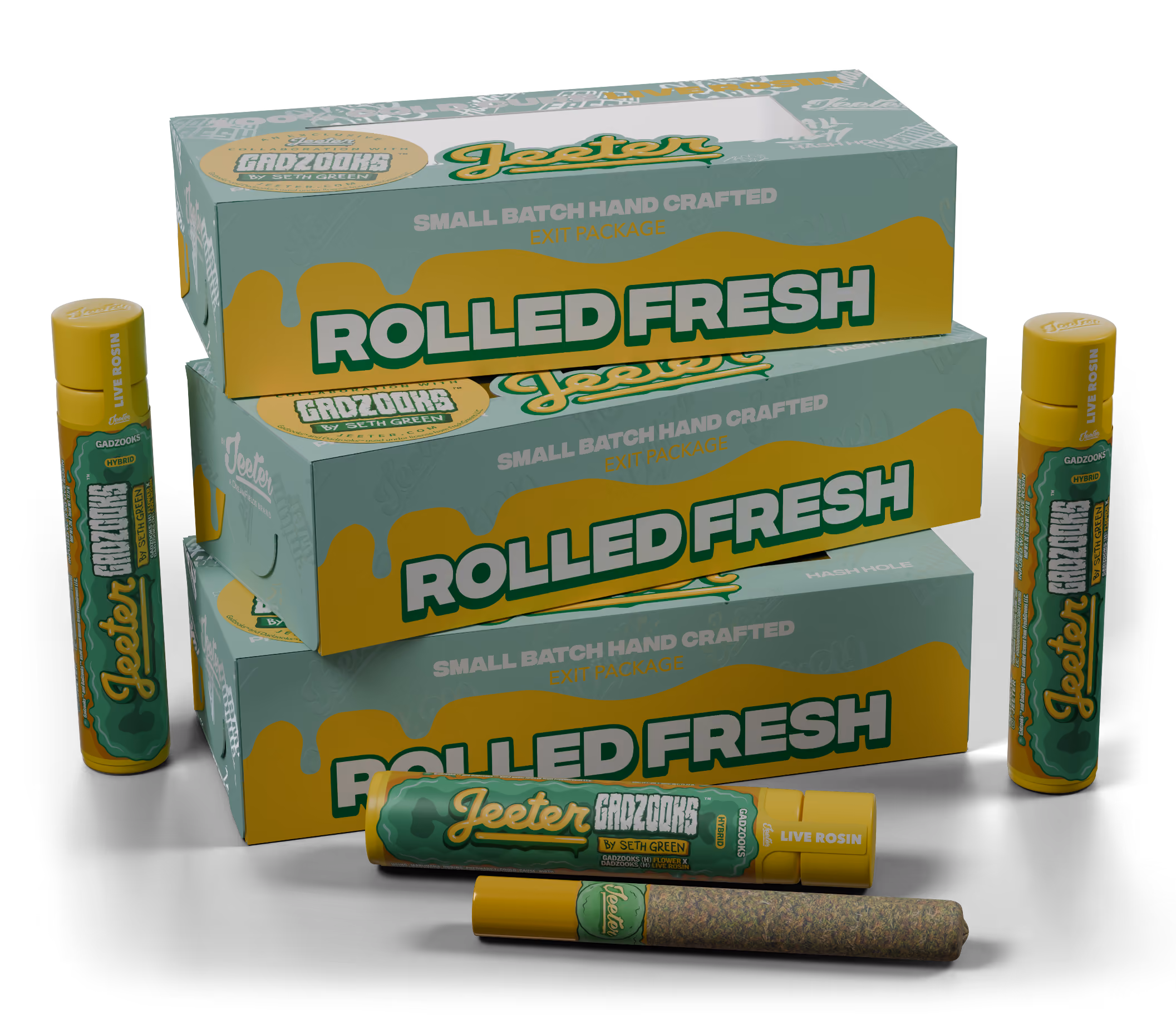 Three stacked Jeeter Rolled Fresh Gadzooks boxes with two pre-roll tubes and a pre-roll
