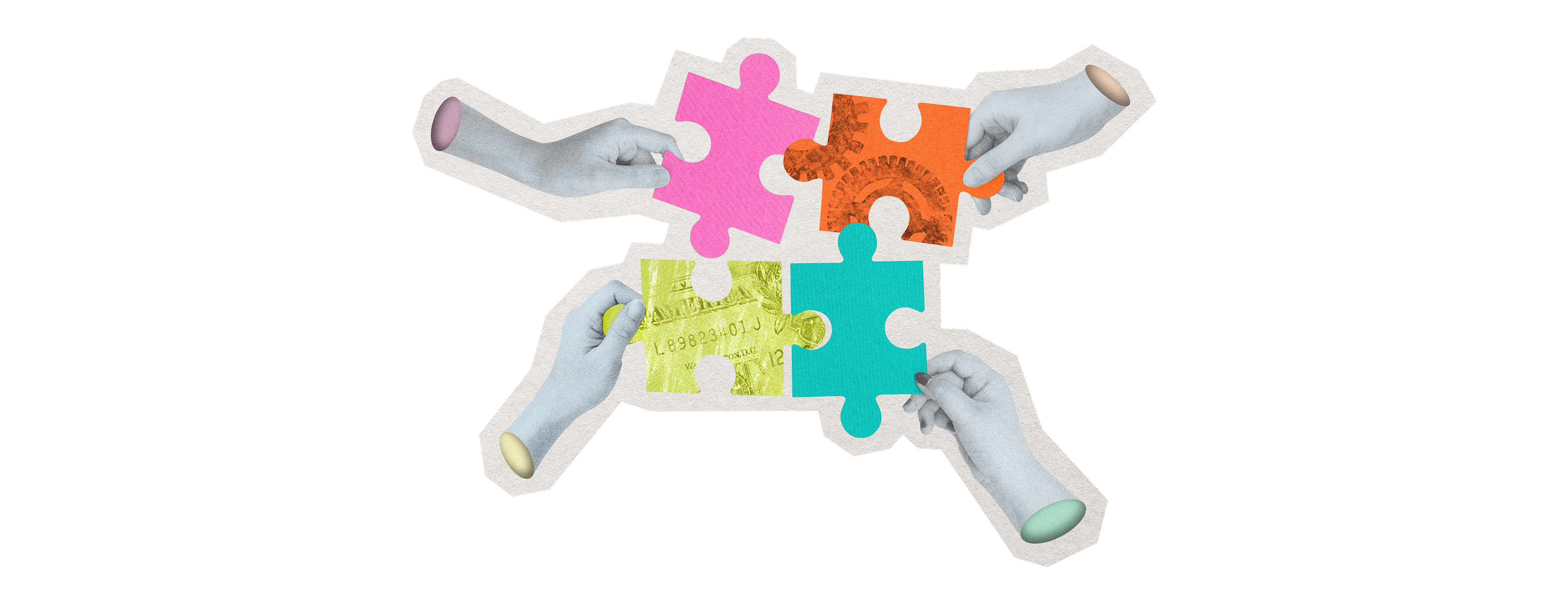 quattro mani che sorreggono 4 diversi pezzi di un puzzle che si incastrano perfettamente