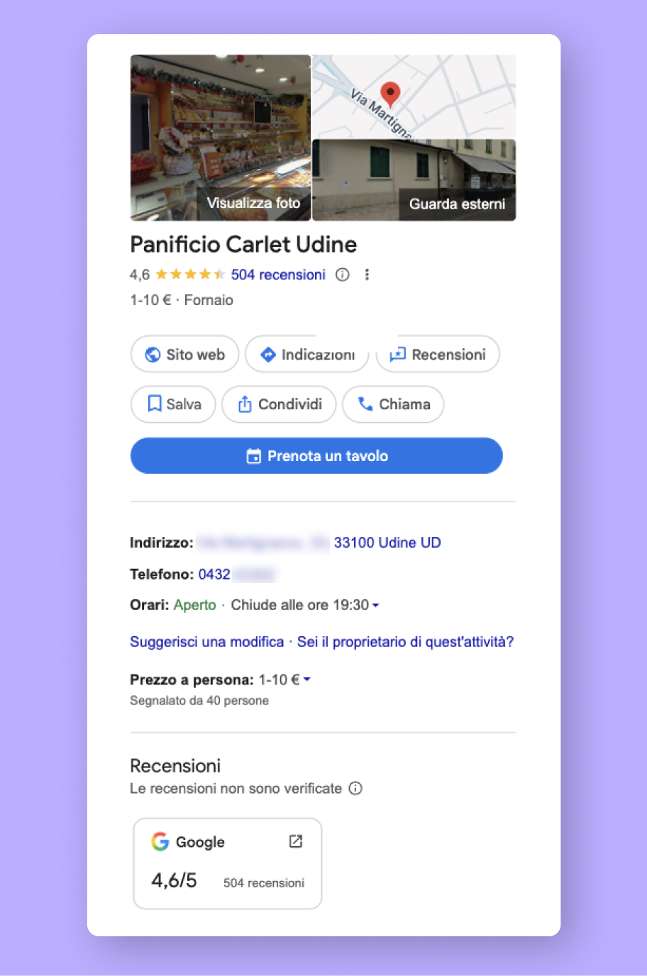 esempio di scheda google my business di un panificio con recensioni, CTA per prenotazione tavolo e informazioni utili