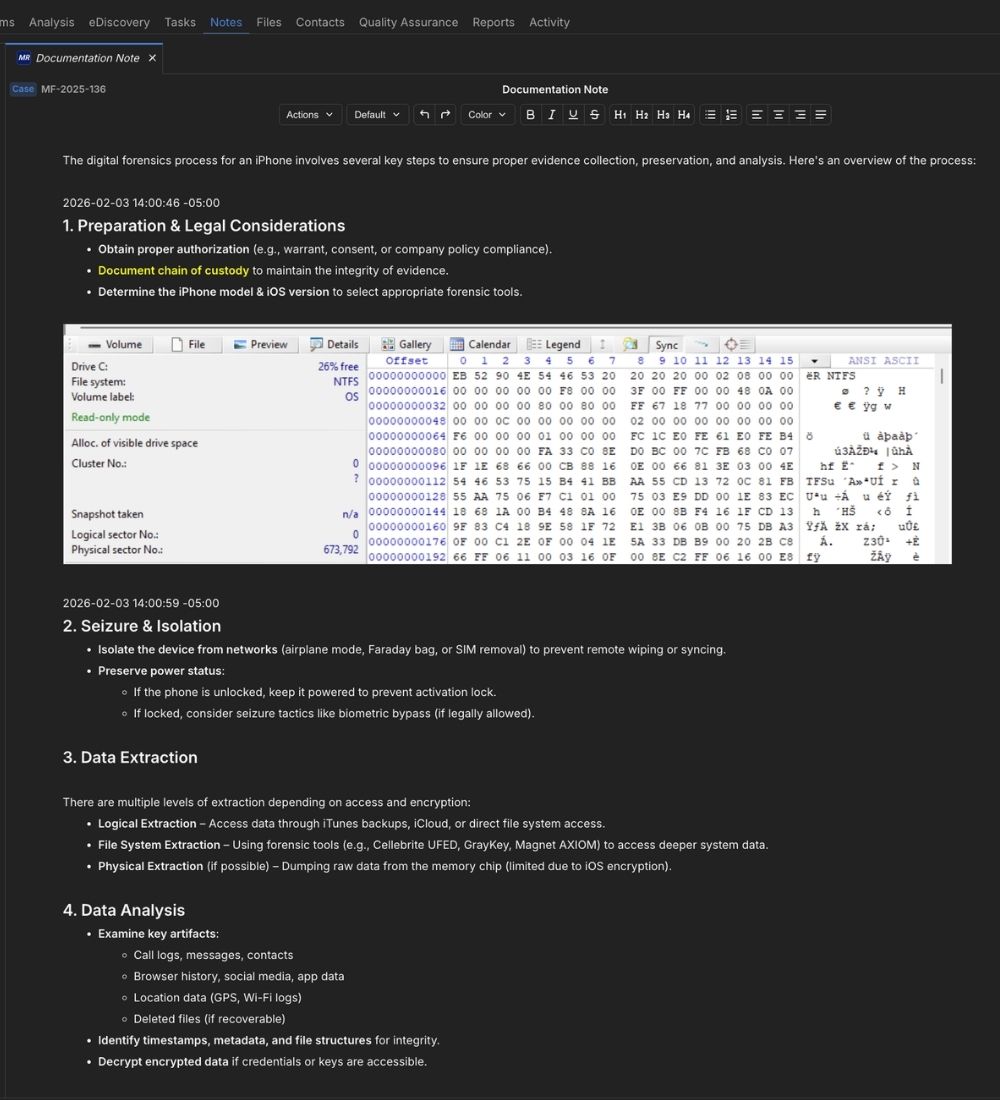 A note in Monolith with headings, bullet points, and an embedded image of forensic hash sets