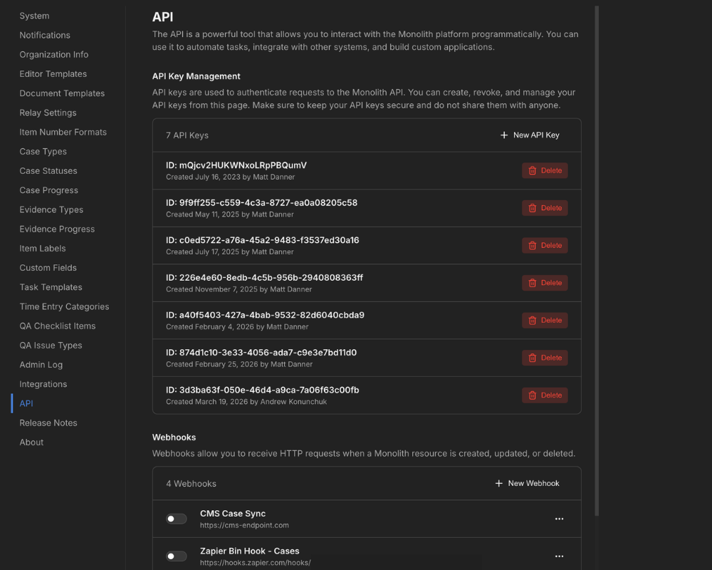Monolith API and webhooks settings screen.