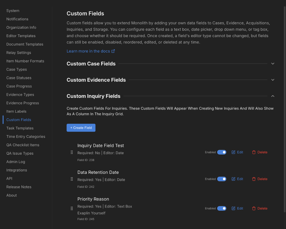 Custom fields settings inside of Monolith.