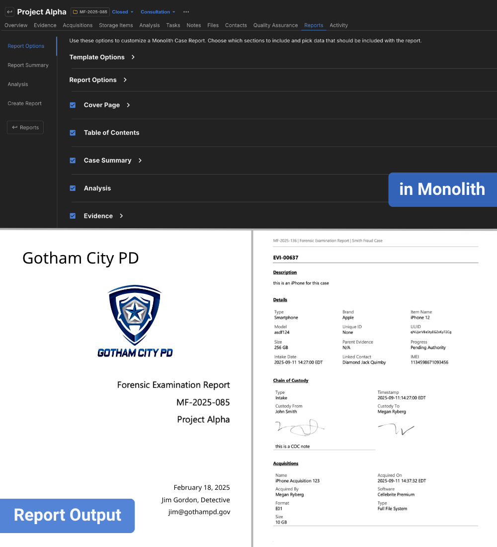The report configuration screen within Monolith above an example of a generated report output.