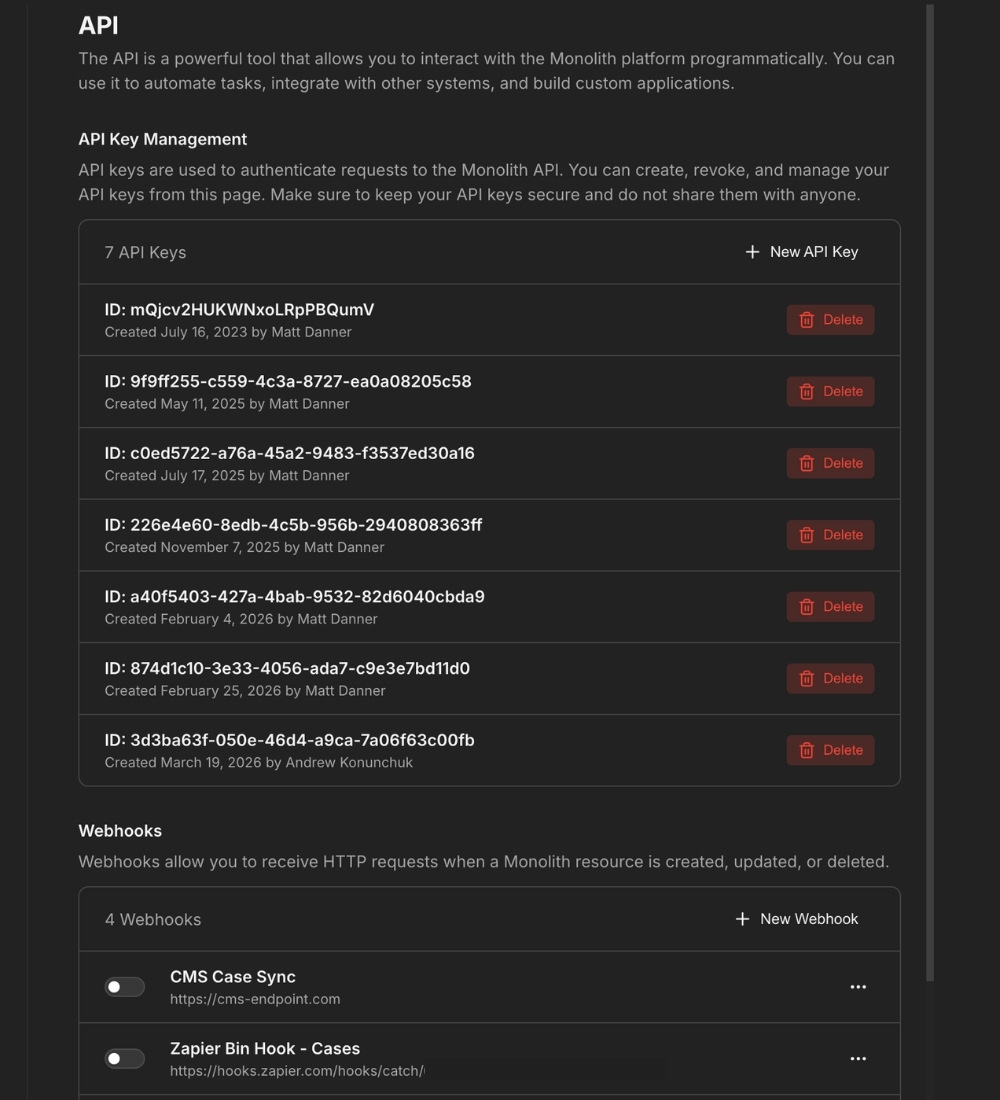 Monolith API and webhook settings to connect to other systems
