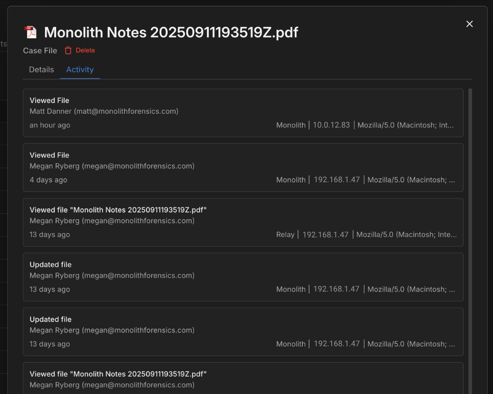 The access log for a file stored in Monolith and shared with an external user in Relay.