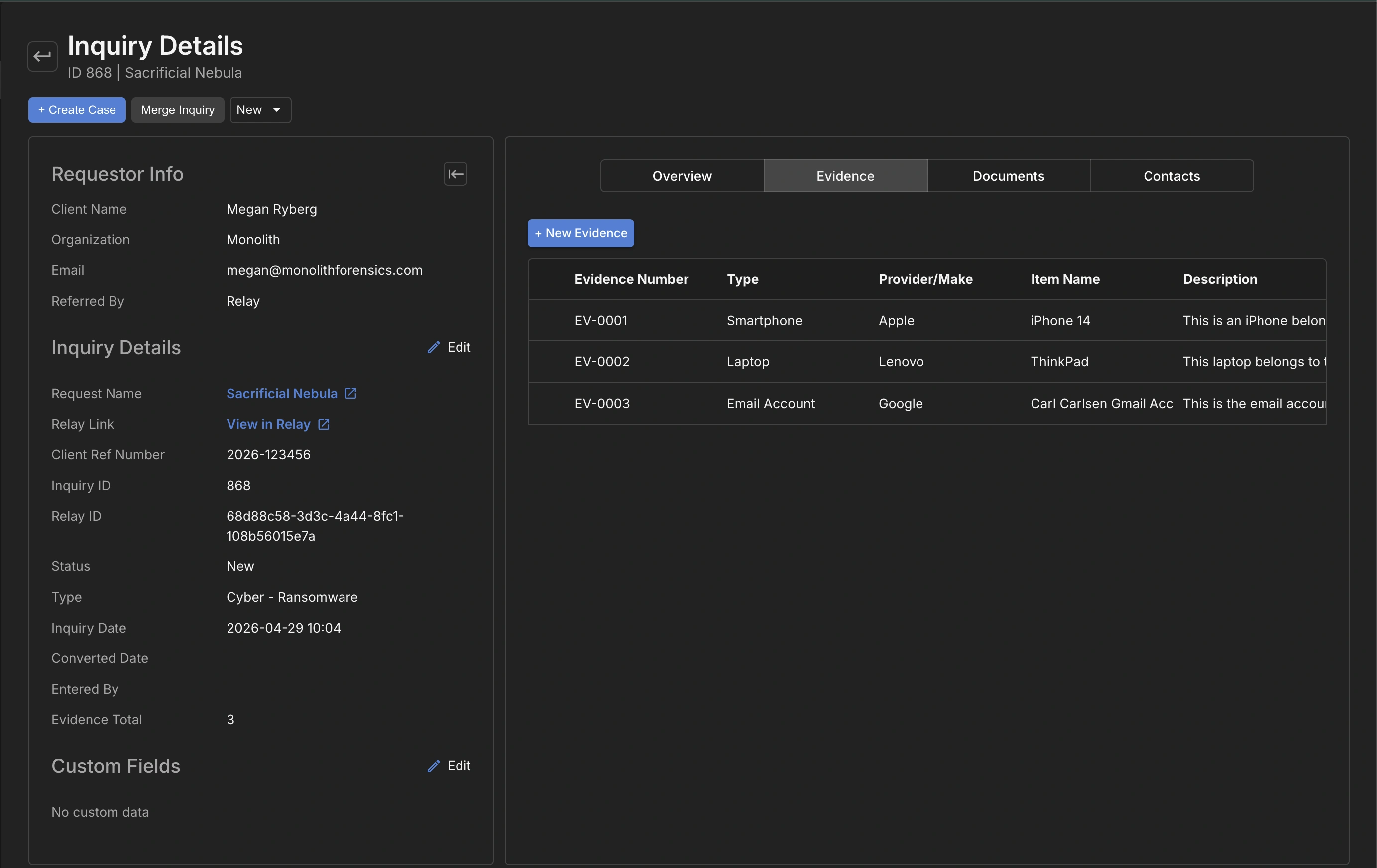 The inquiry details page in Monolith, showing the request details and evidence items submitted in Relay.