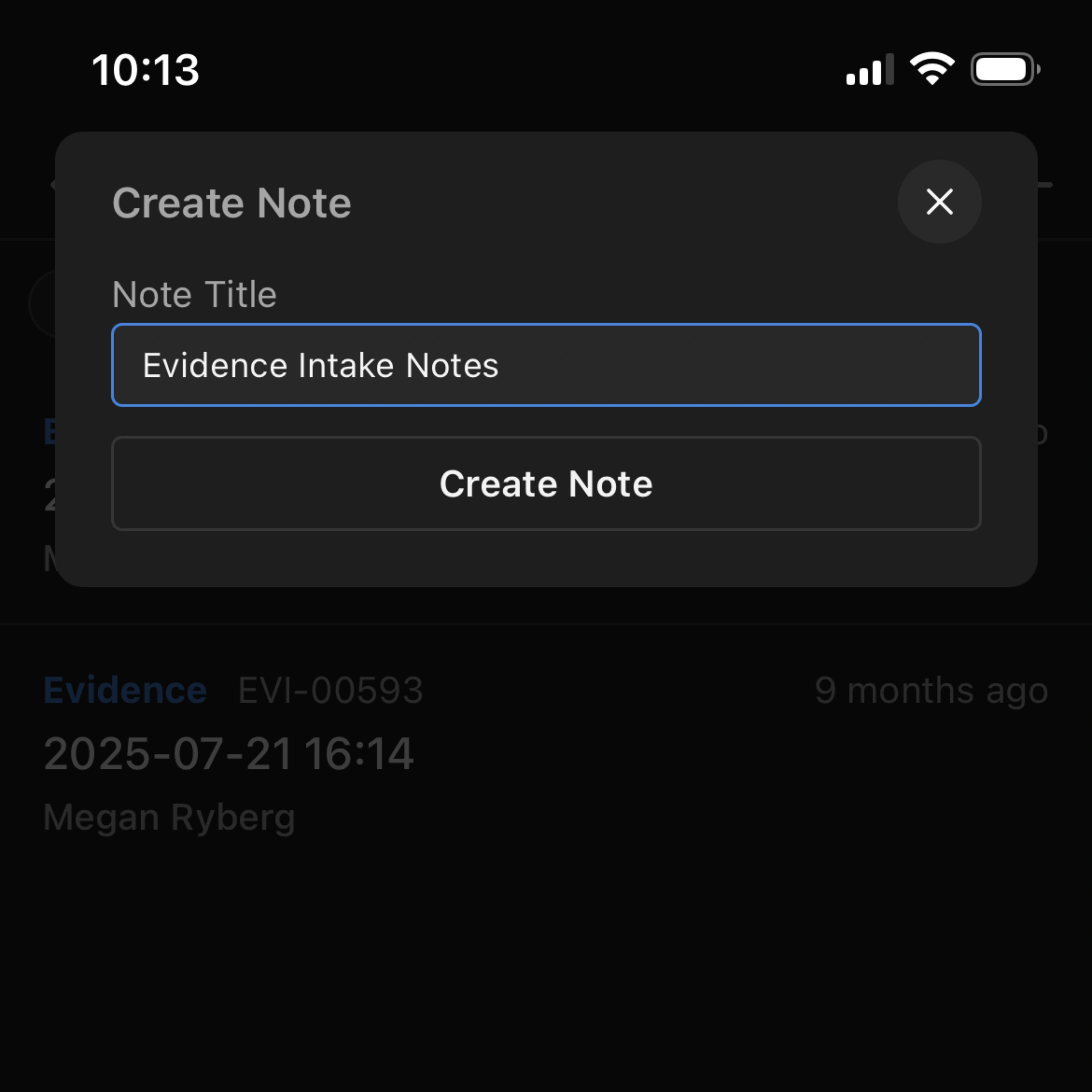 Creating a new note inside Monolith Mobile