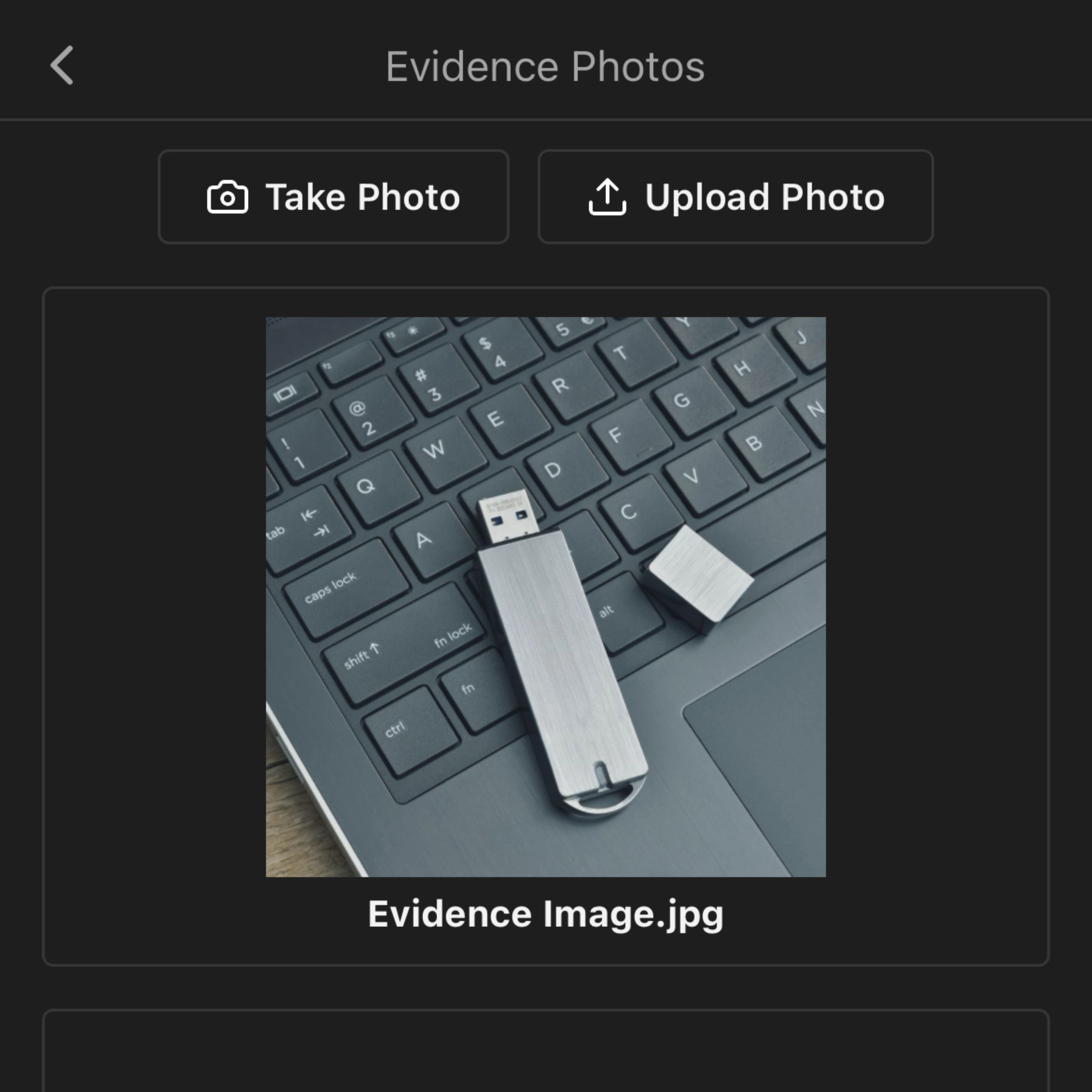 The evidence photos page in Monolith Mobile, with the option to Take Photo and Upload Photo