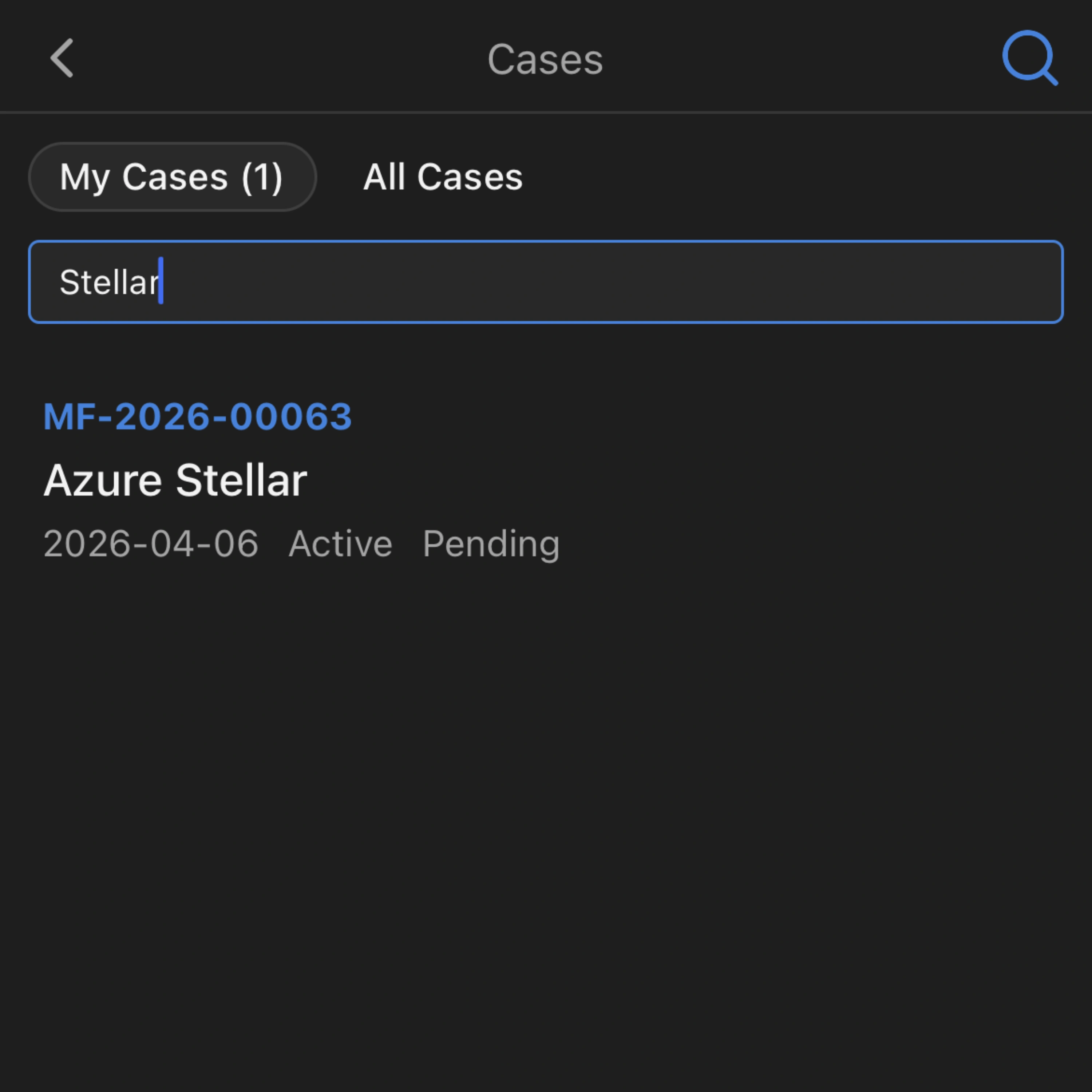 Searching for a case name inside the Monolith Mobile app