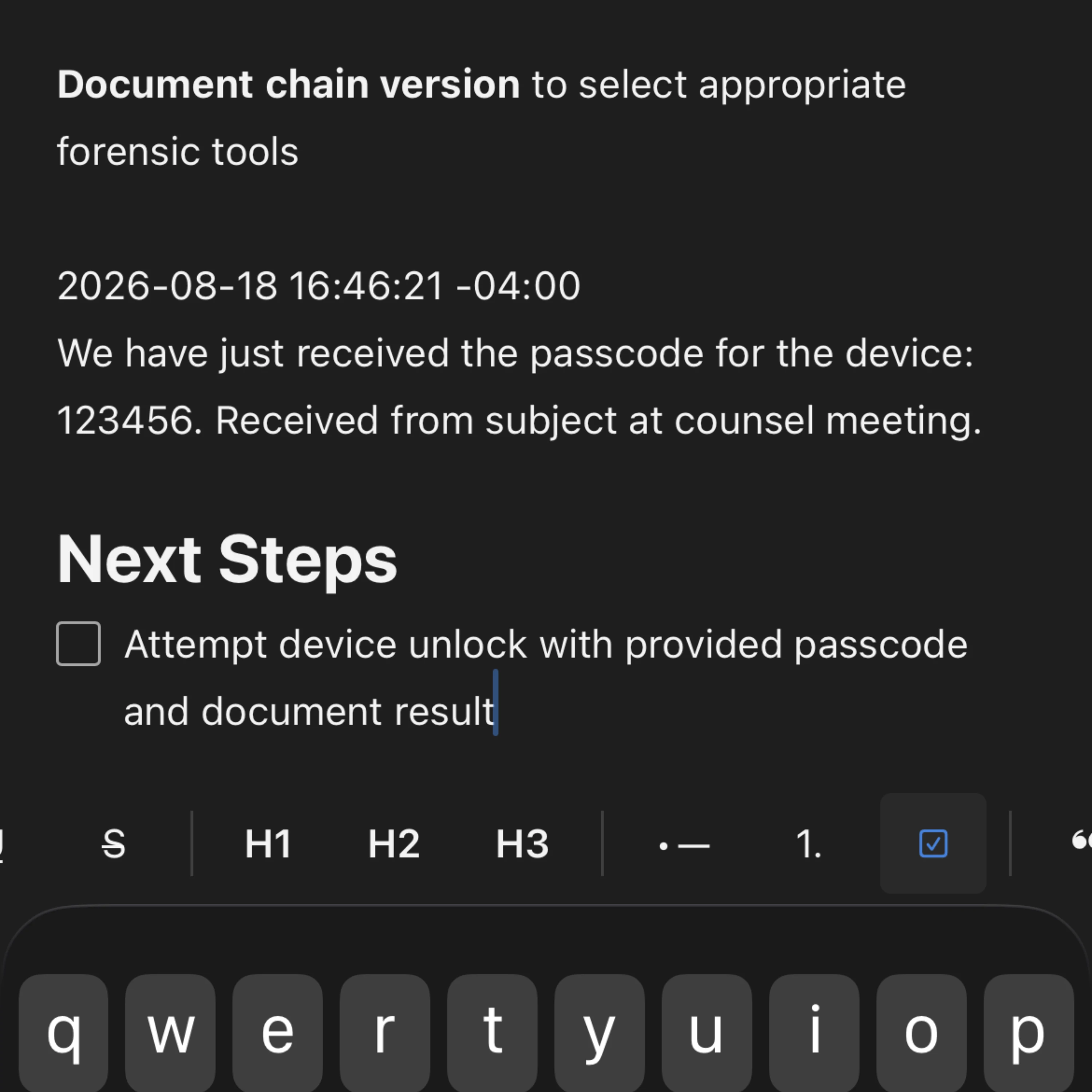 Editing an existing note inside the Monolith Mobile app. Edit is shown with the phone keyboard.
