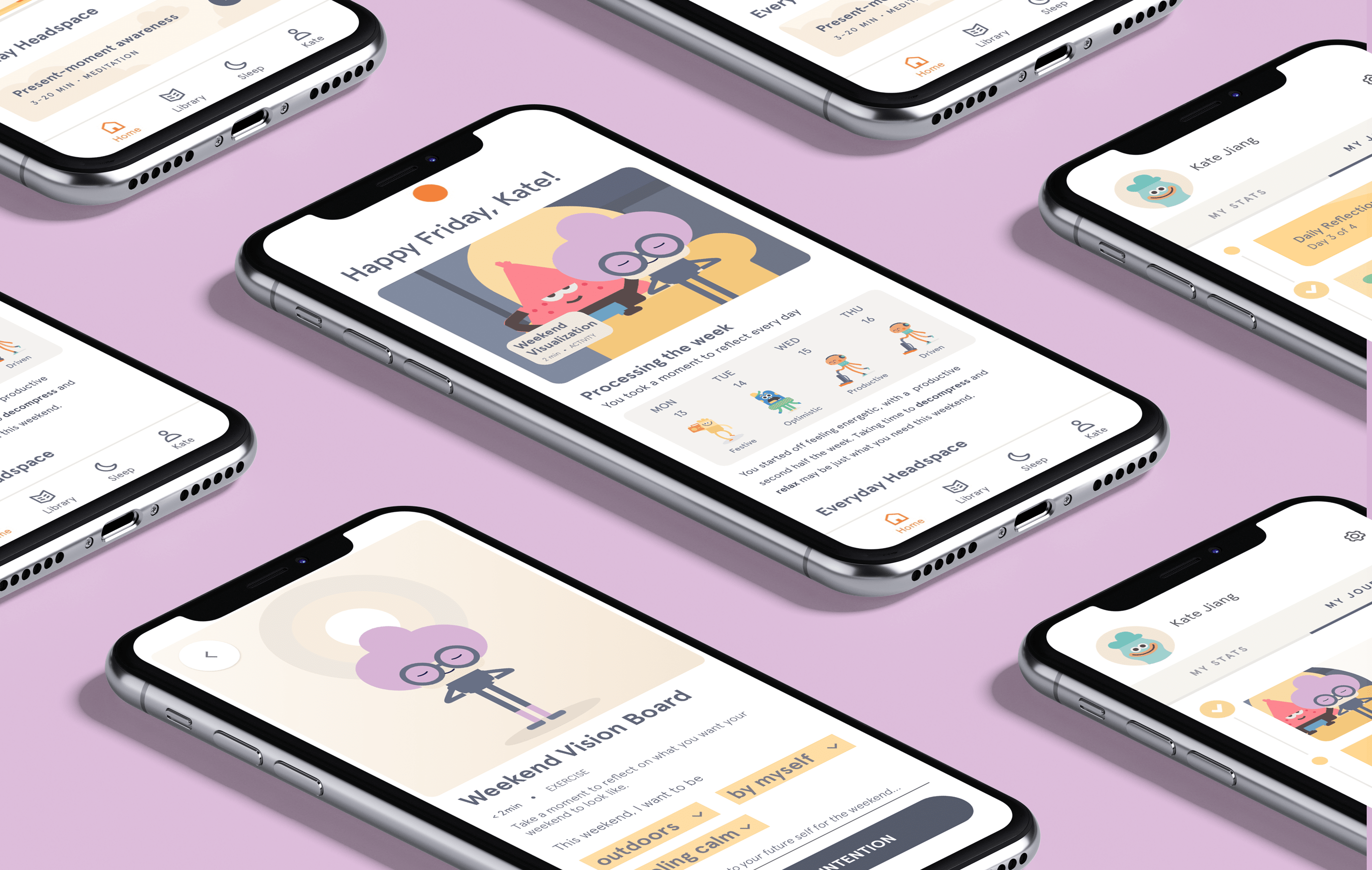 Mockups of the proposed Headspace feature designs on multiple phones laid on a lavender surface.